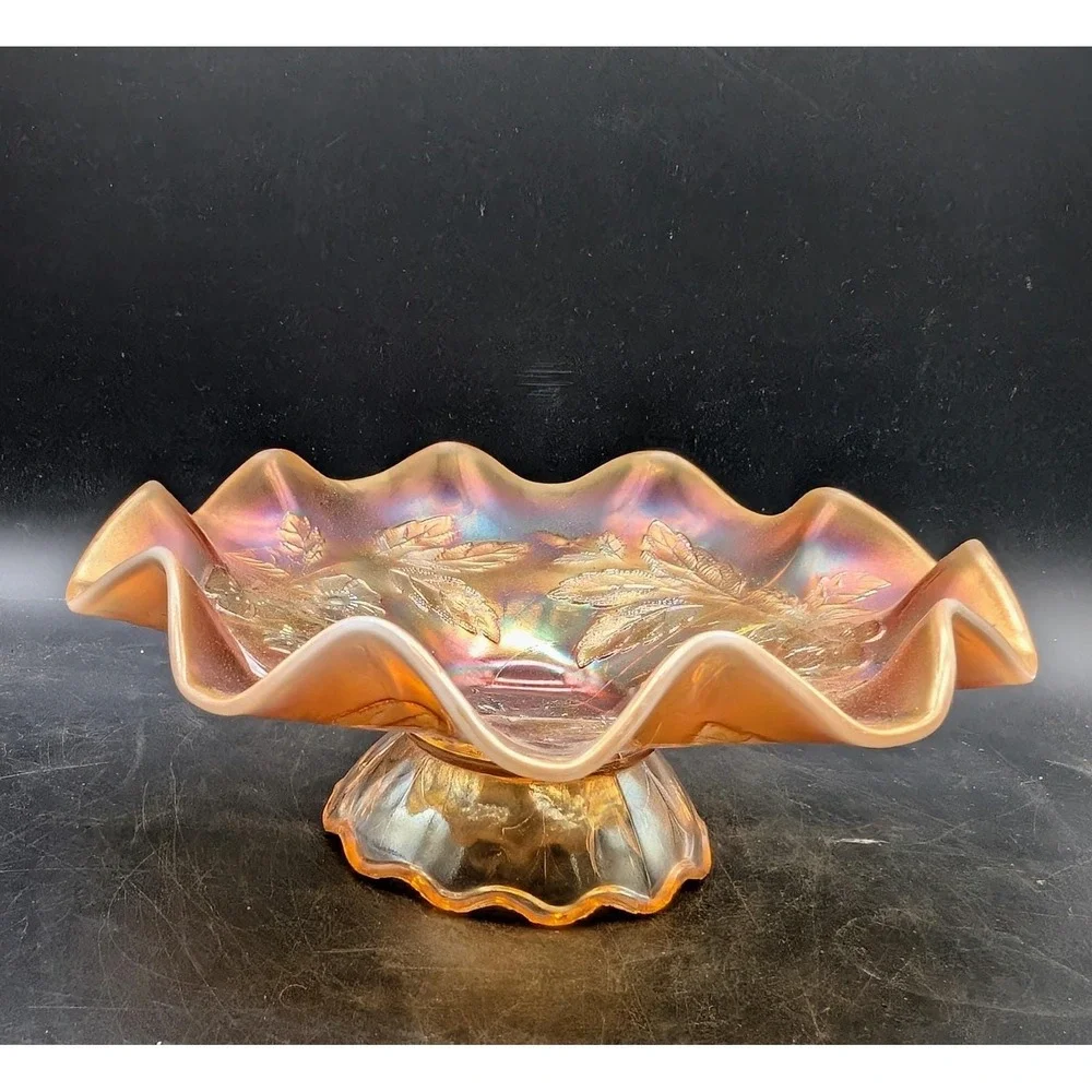Dugan Dogwood Sprays Marigold‎ Carnival Glass Footed Ruffled Bowl 9